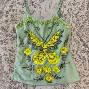 Vintage 2000’s Embellished Green Sequin Butterfly Tank Top
